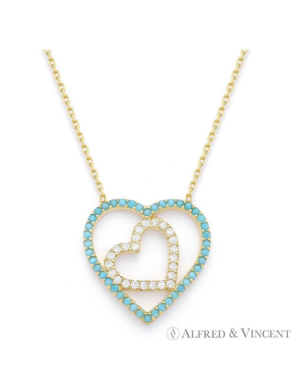 Double-Heart Charm Nano Crystal & CZ Pendant in .925 Sterling Silver w/ 18 YGold